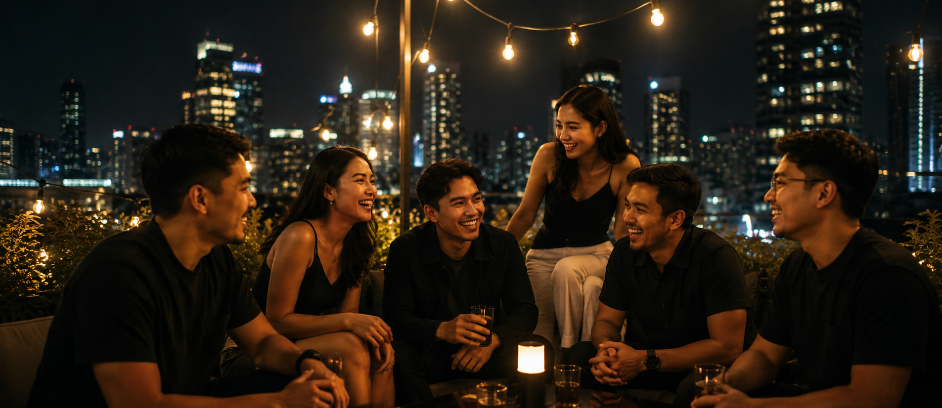 Kelompok teman muda Indonesia berkumpul di rooftop malam hari suasana akrab dan energik