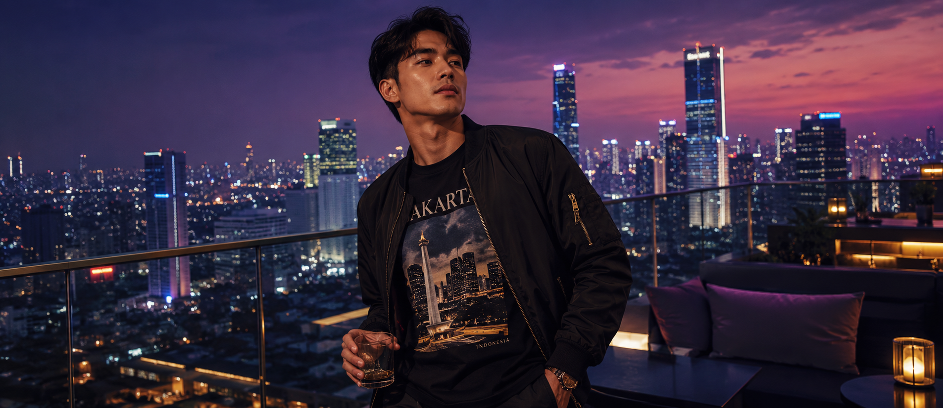 Pria berpenampilan stylish malam hari di rooftop bar Jakarta dengan city lights di belakang